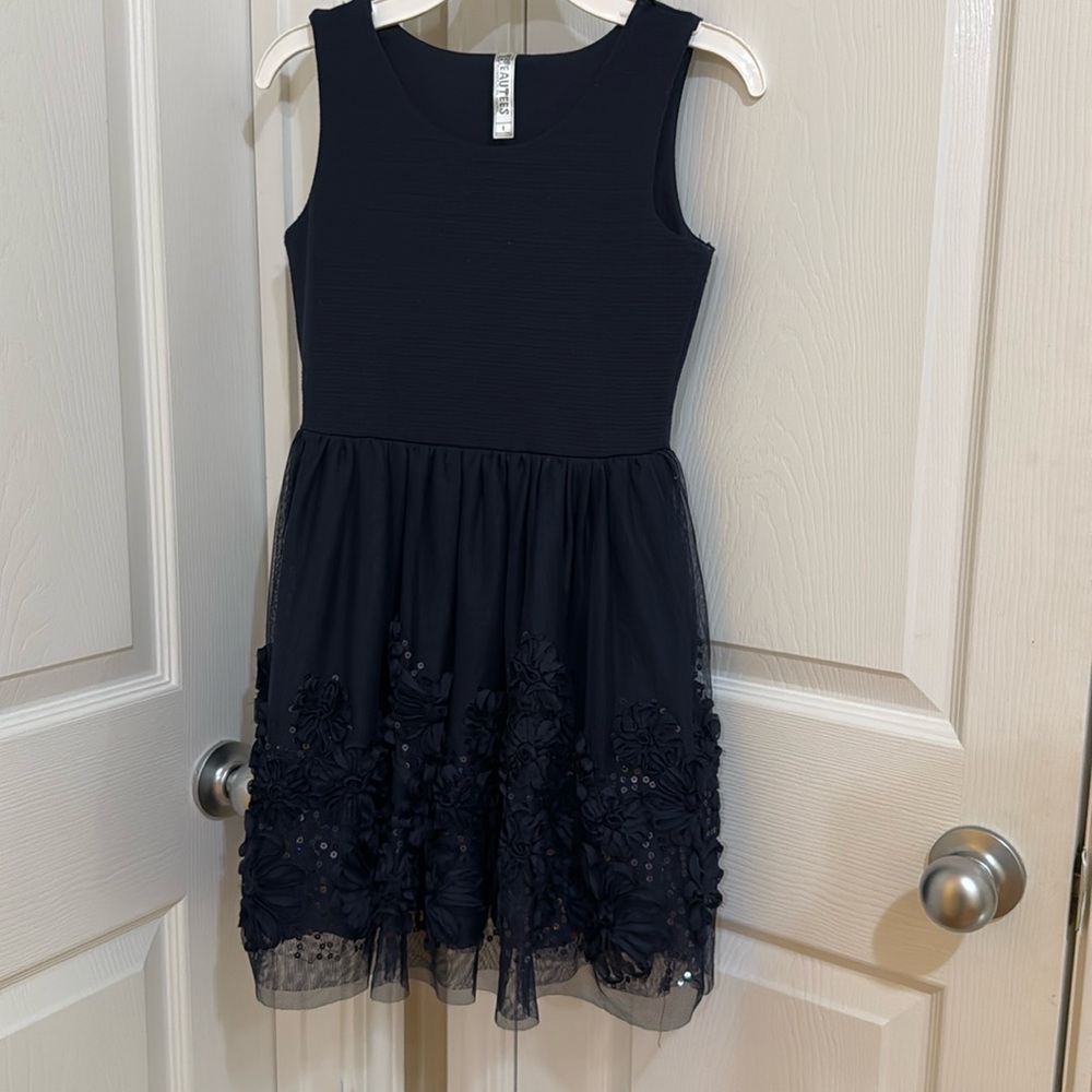 Navy blue size 8 formal sequined dress.